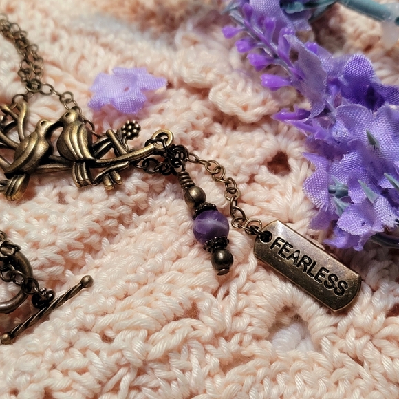 Lovebird Necklace with Genuine Amythyst bead and "fearless" tag - Picture 7 of 10